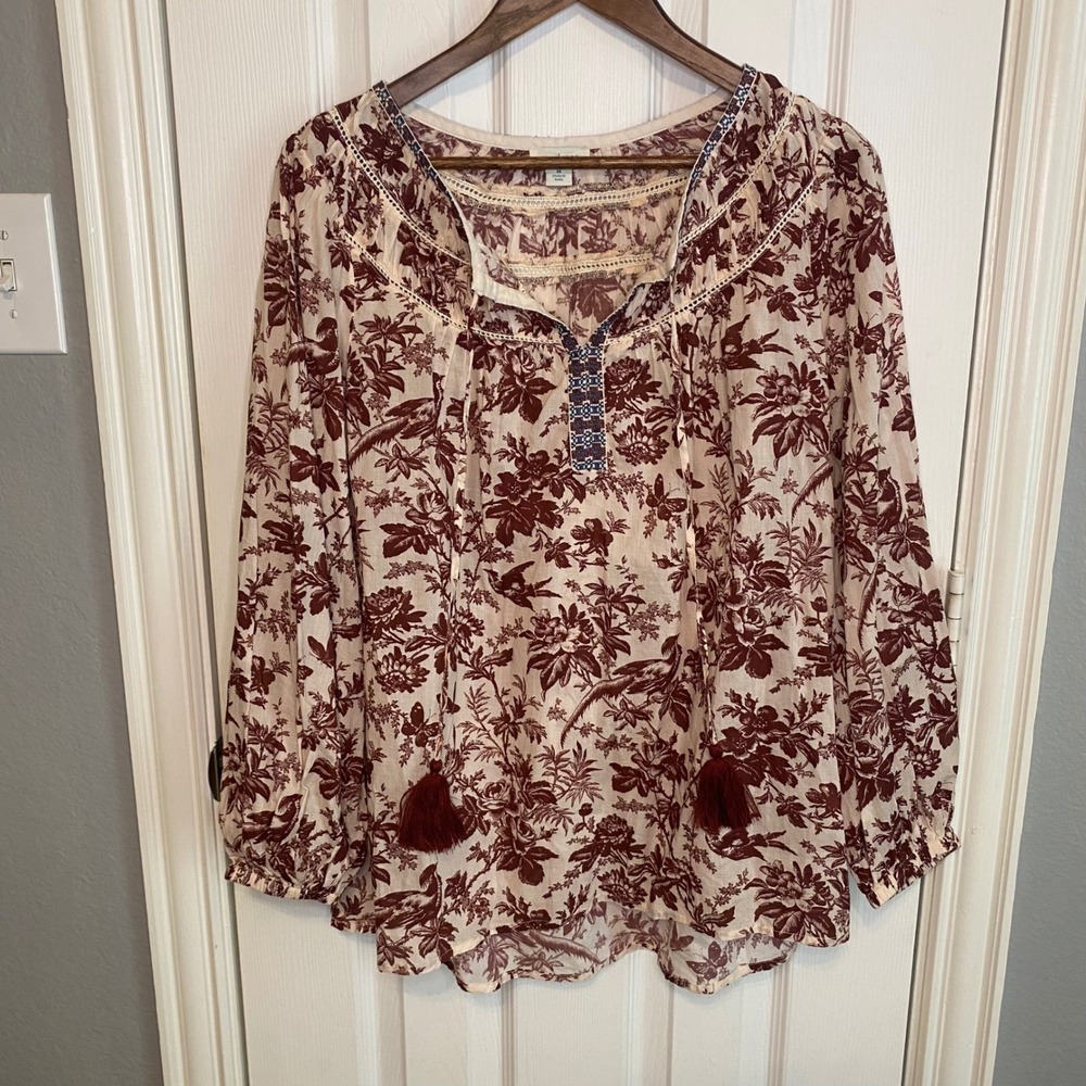 Sundance Cotton Floral Toile Peasant Blouse Burgundy Cream Tassel Boho Medium
